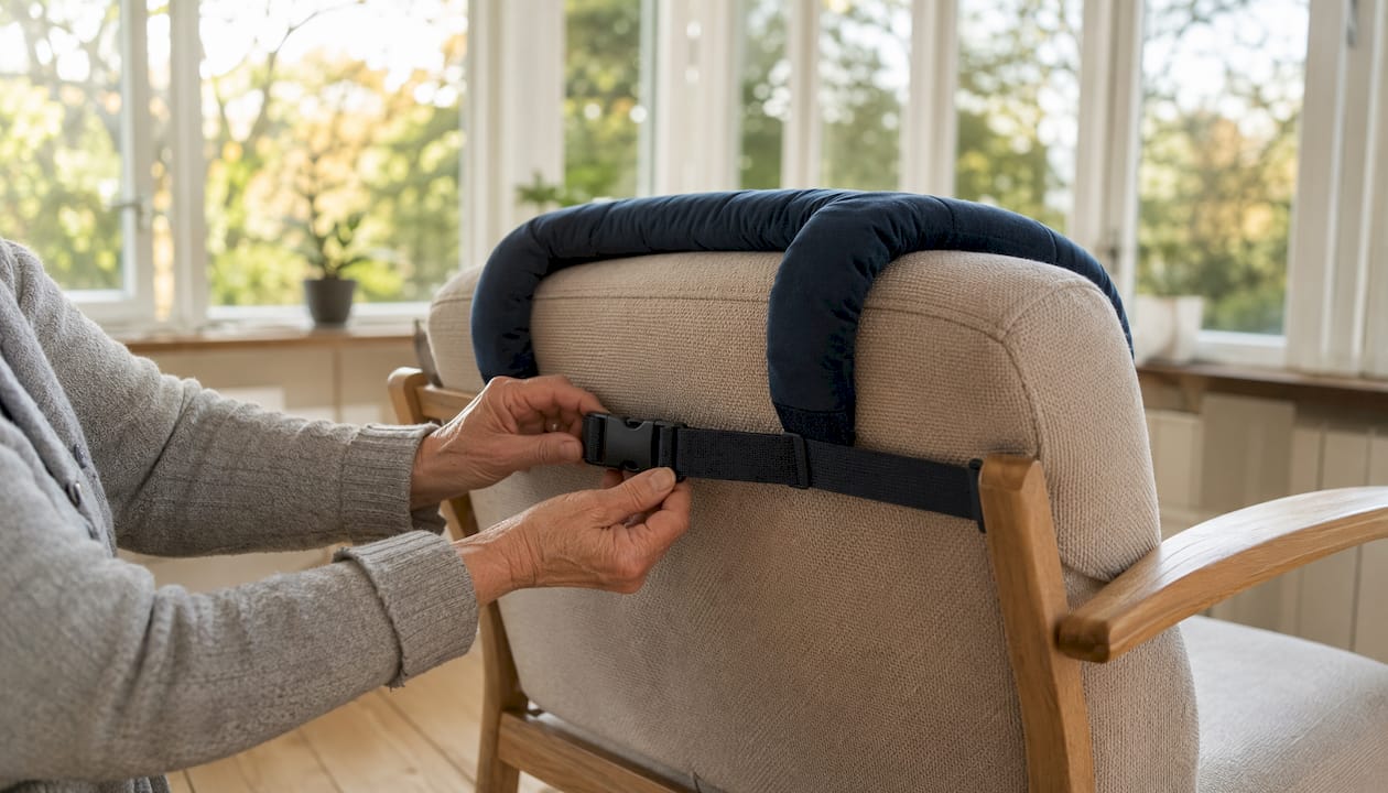 Bevestig het nekkussen door de kliksluiting met beide handen vast te maken.
