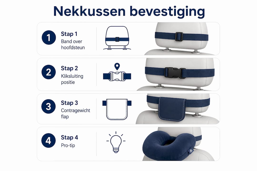 Stapsgewijze infographic: zo bevestig je eenvoudig een nekkussen