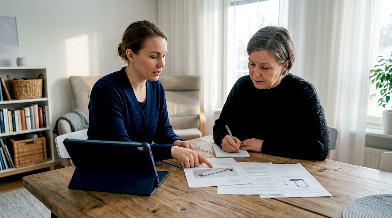 De ergotherapeut overlegt samen met de mantelzorger over het gebruik van de stoel.