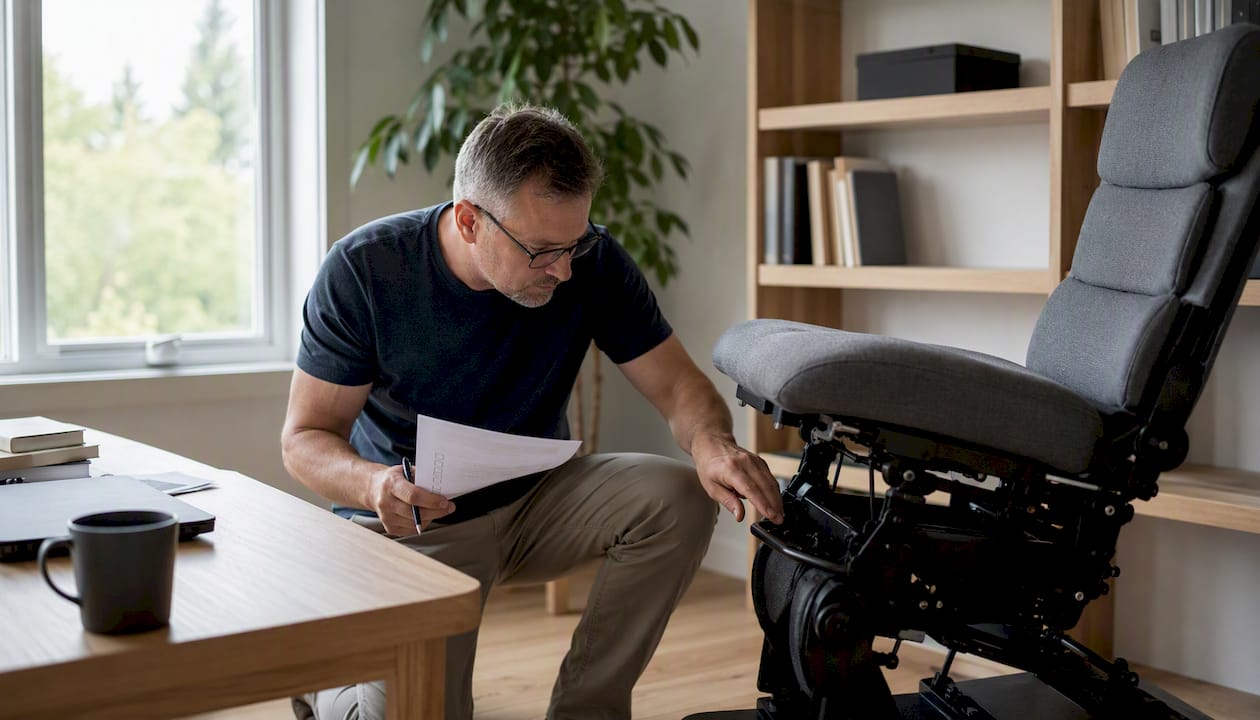 Een man zit aan de keukentafel en bekijkt aandachtig de motor van een traplift.
