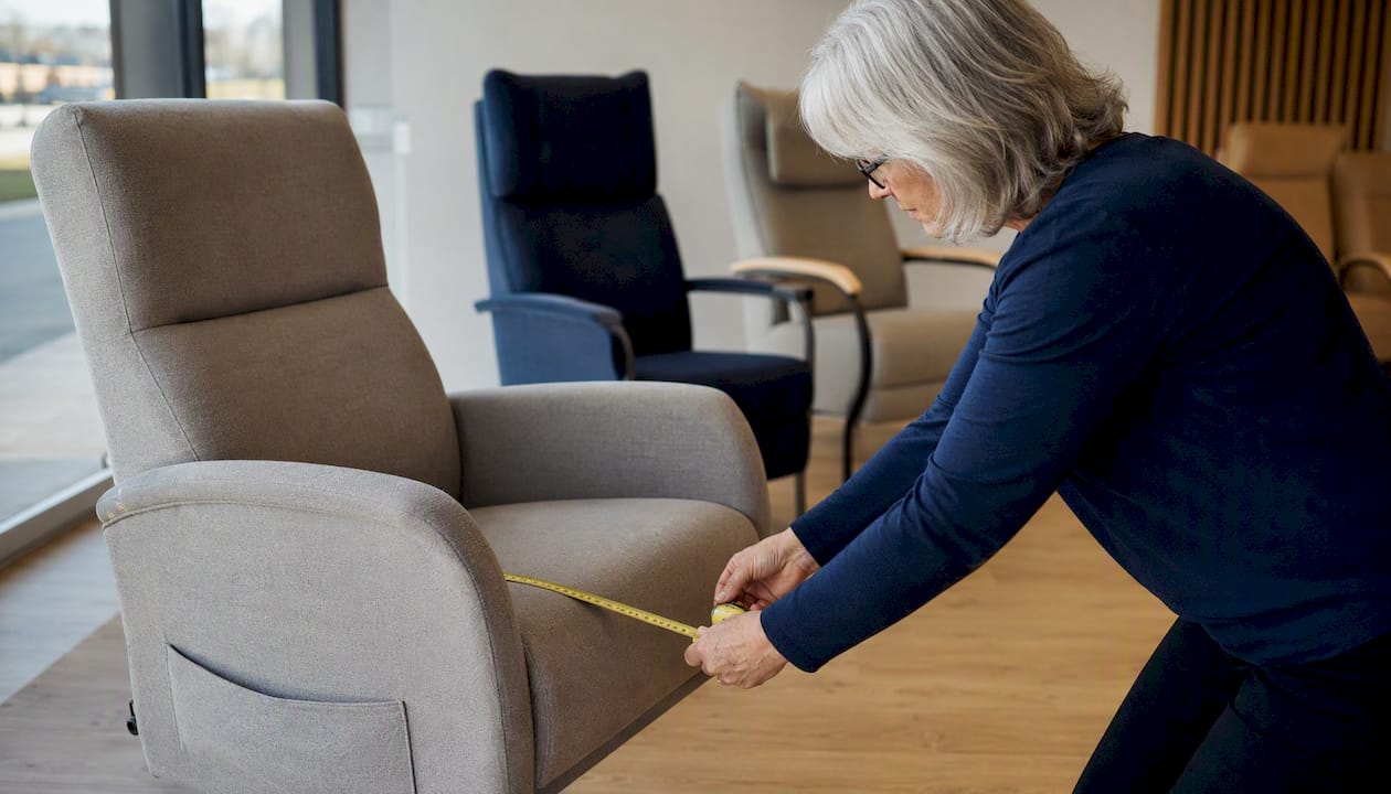 Een oudere dame controleert de zithoogte van haar sta-op stoel.
