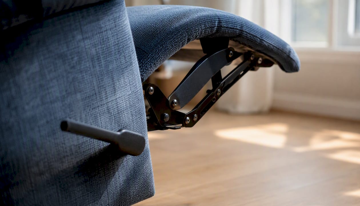 Detailopname van het verstelsysteem en de handmatige hendel van de stoel
