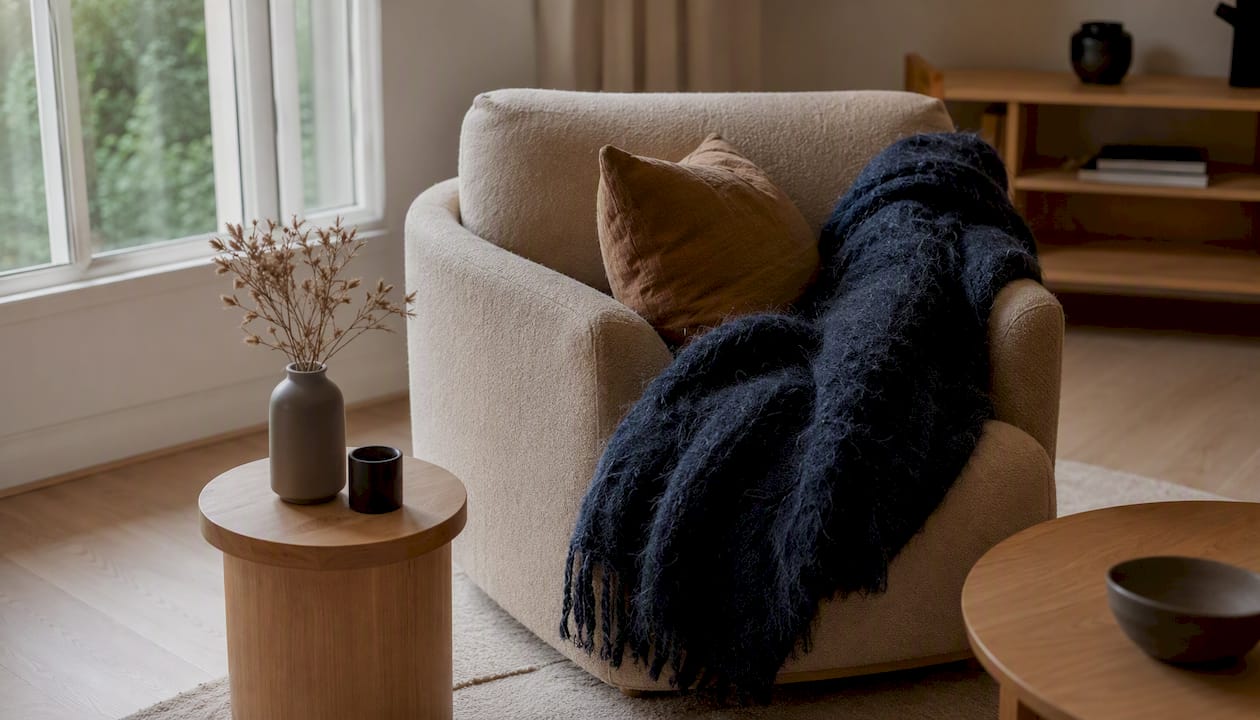 In de woonkamer staat een taupekleurige fauteuil met een warm okergeel hoofdkussen.