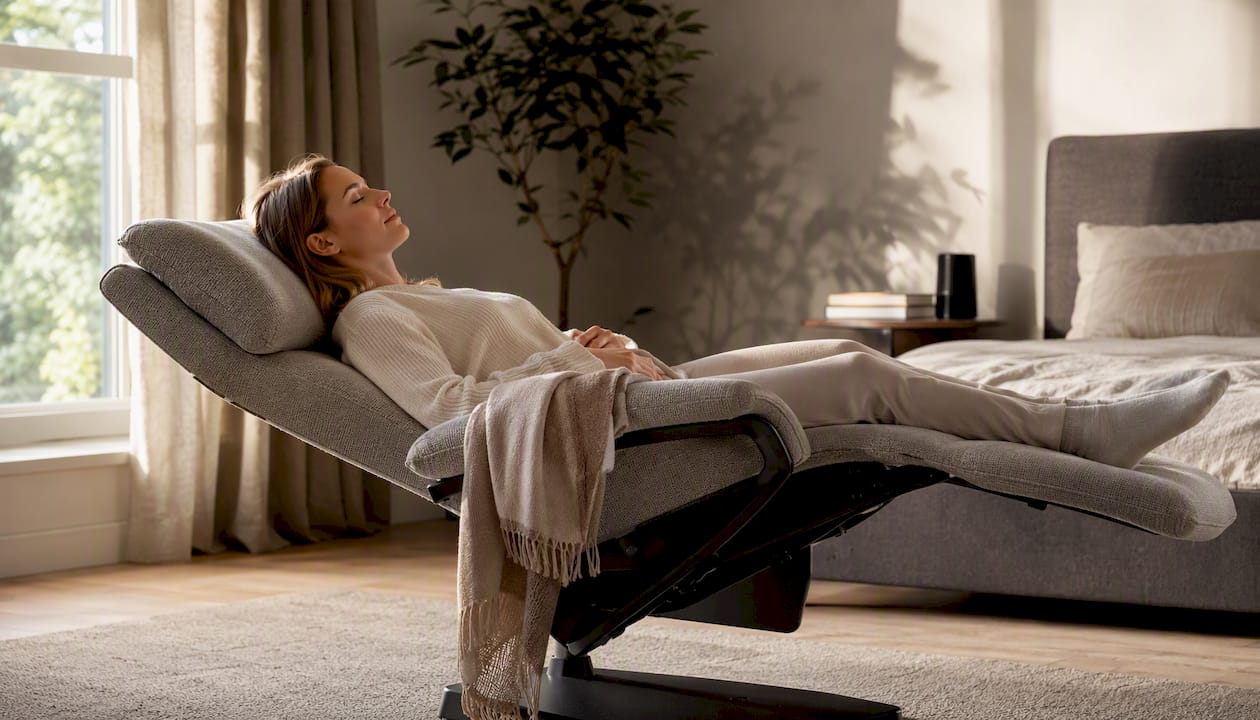 Een relaxstoel in zero-gravity stand, zonder dat er iemand in zit.
