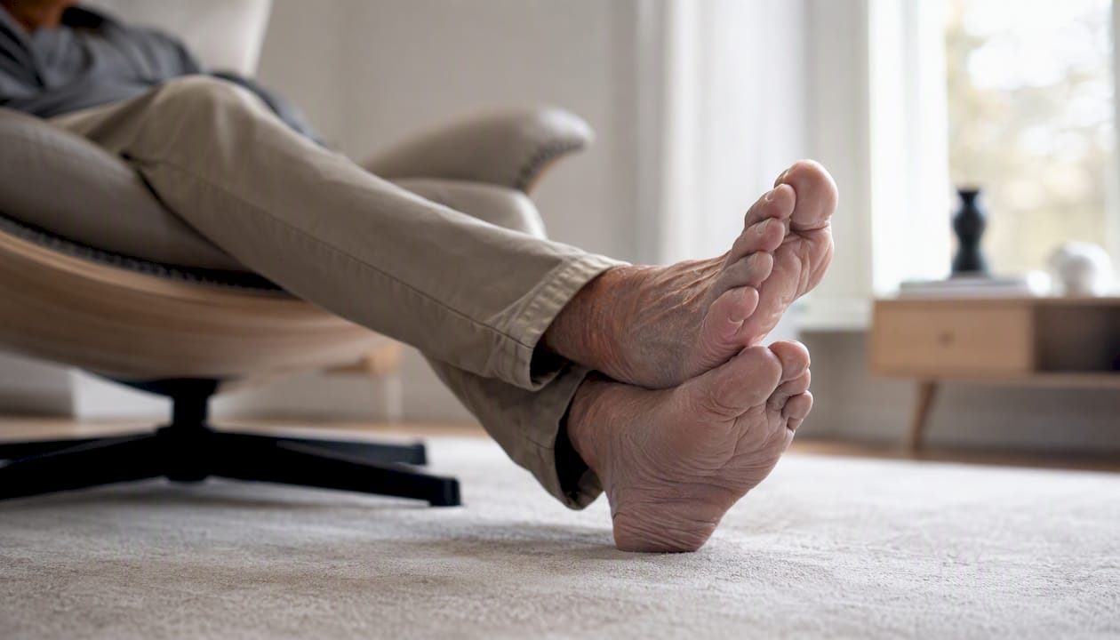 Een senior laat zijn voeten ontspannen rusten tijdens het uitproberen van een relaxstoel.