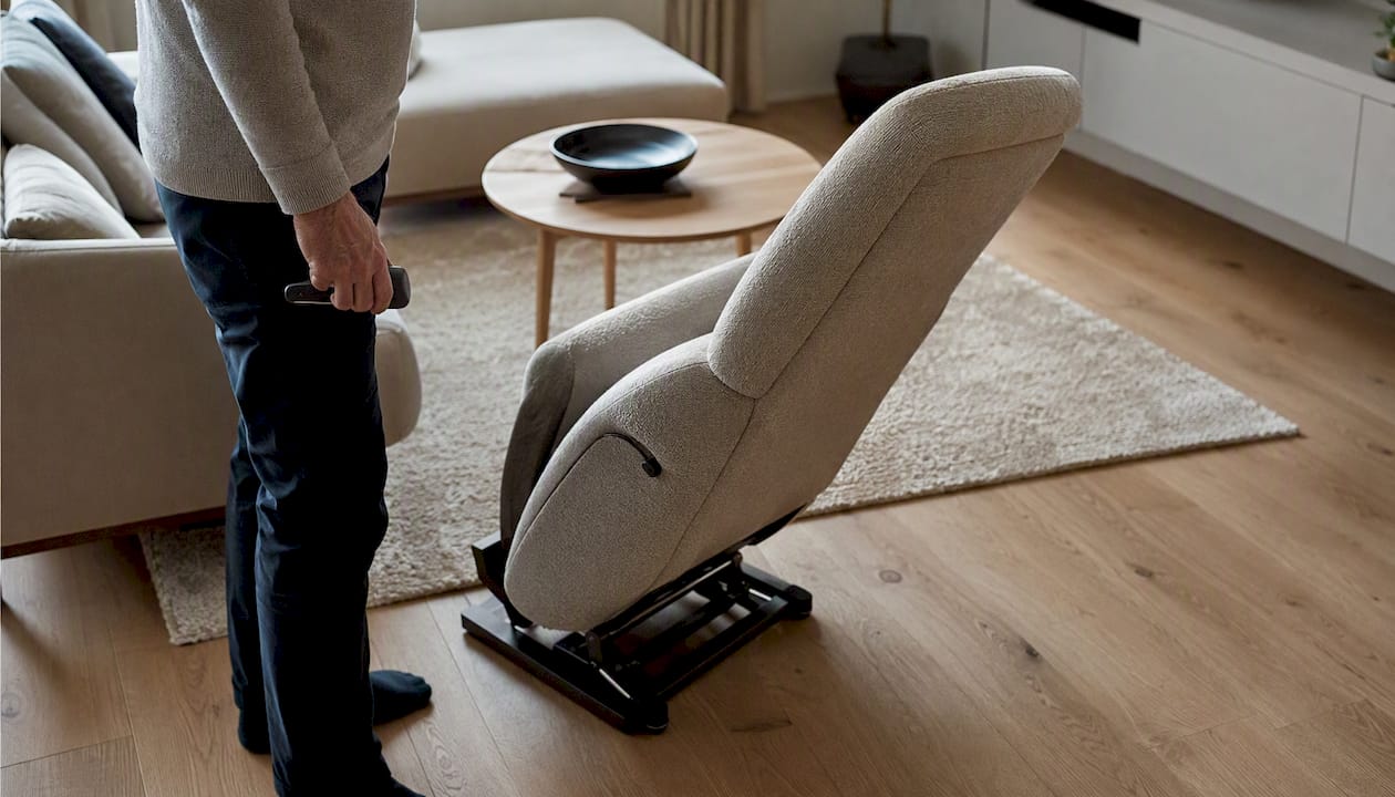 Detailopname van een stoel waarvan de zitting omhoog kantelt