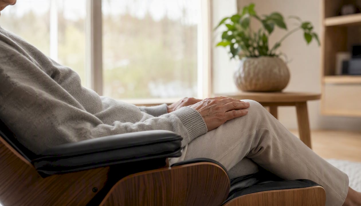 Met ontspannen handen voer ik ademhalingsoefeningen uit terwijl ik comfortabel in mijn relaxstoel zit.