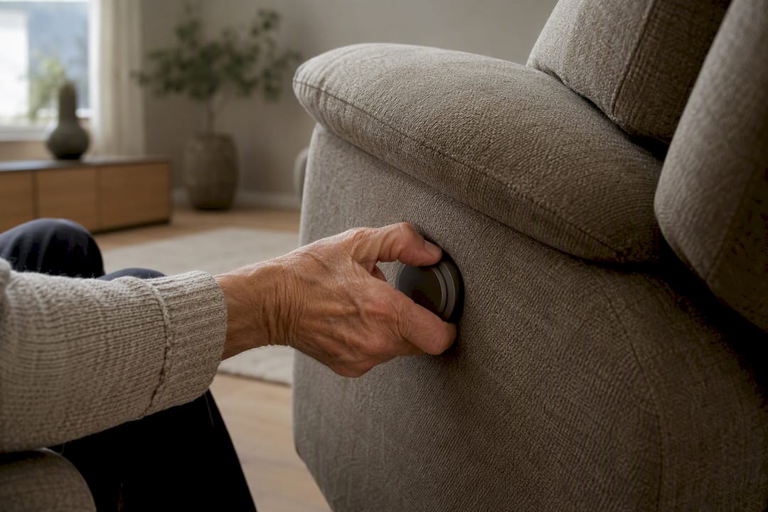 Hand die de kantelhendel van een stoel verstelt