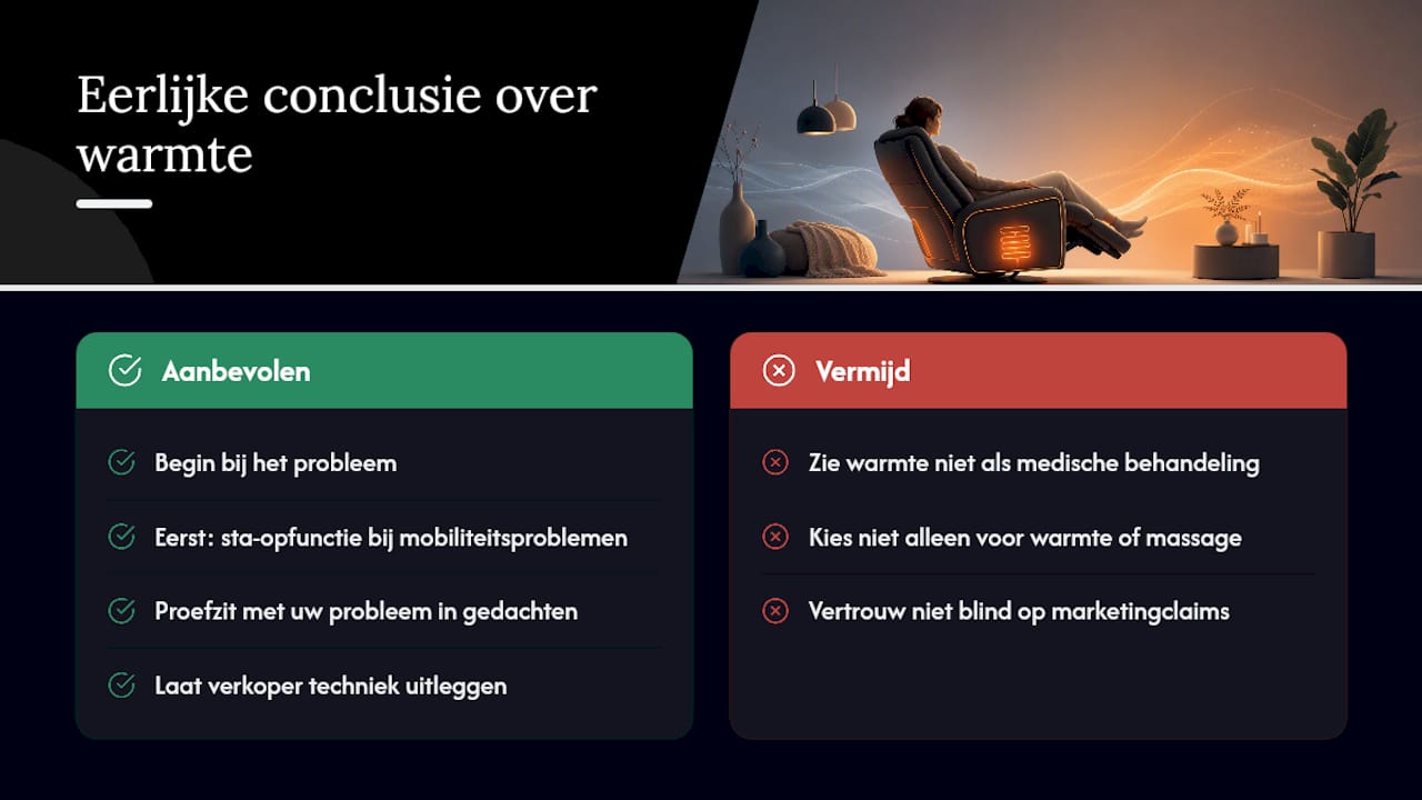 Wat is de eerlijke conclusie over warmte in een relaxfauteuil? — overview diagram