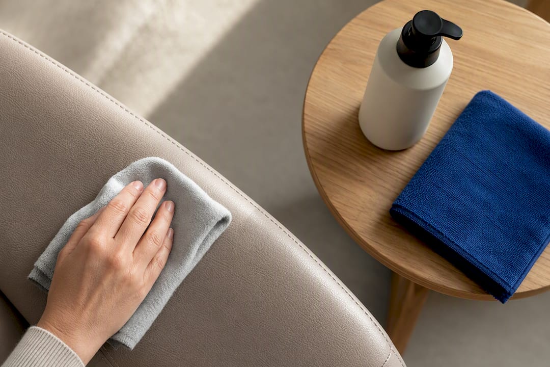 Hand maakt leren stoelbekleding schoon