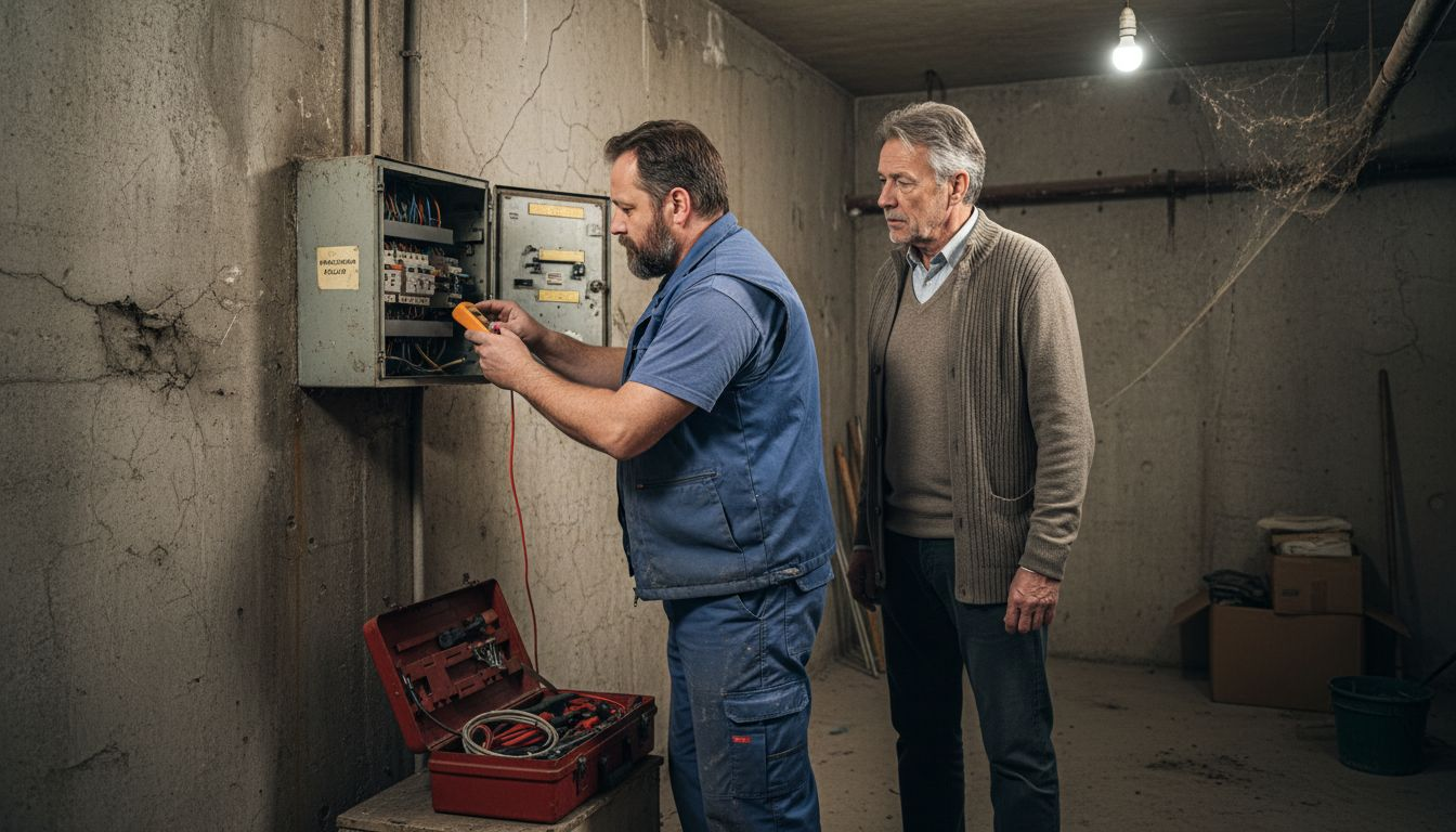 Ein Handwerker begutachtet gemeinsam mit dem Hauseigentümer den Sicherungskasten.