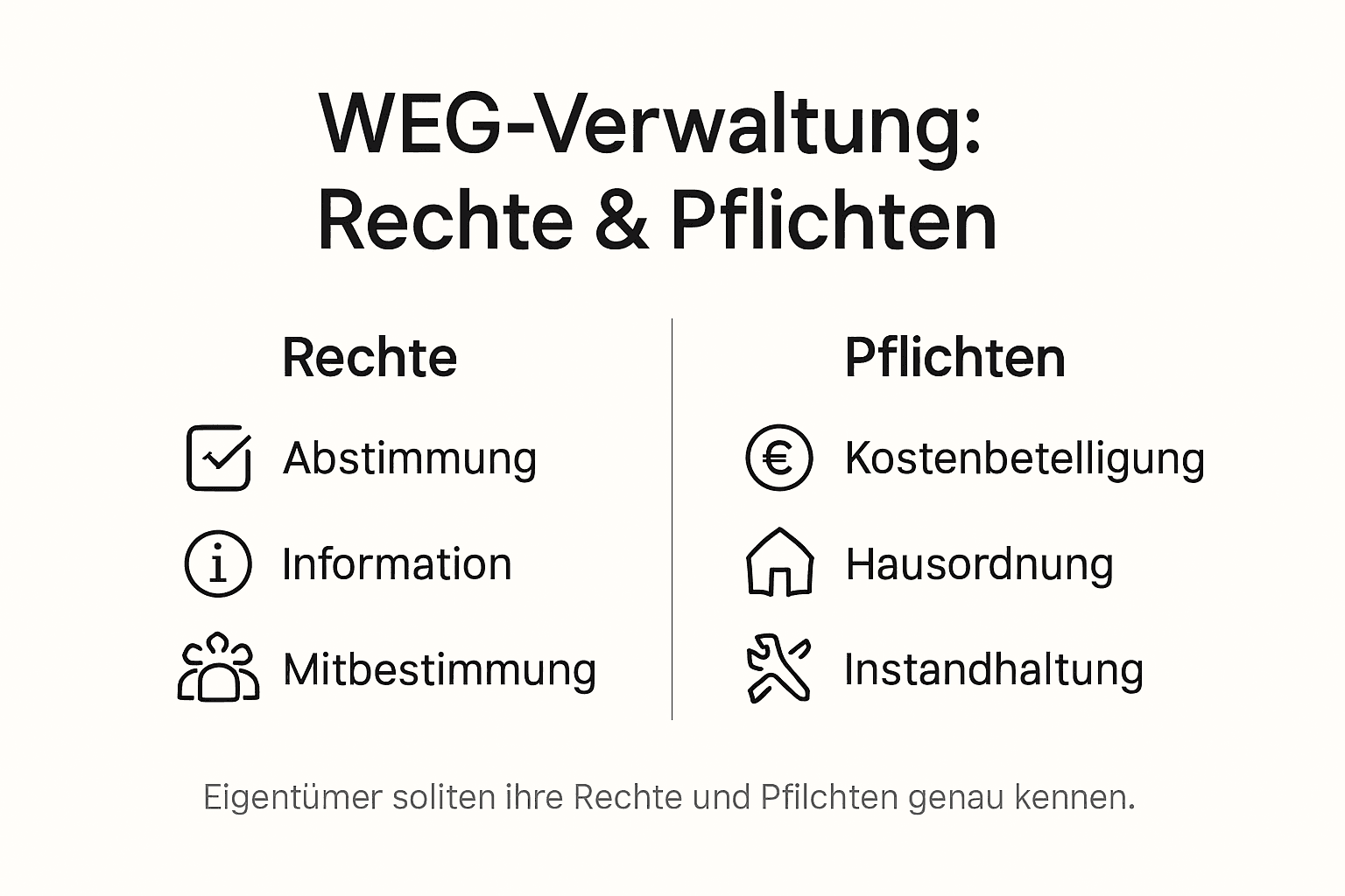 Infografik: Die wichtigsten Rechte und Pflichten der WEG-Verwaltung im Überblick – direkt gegenübergestellt.