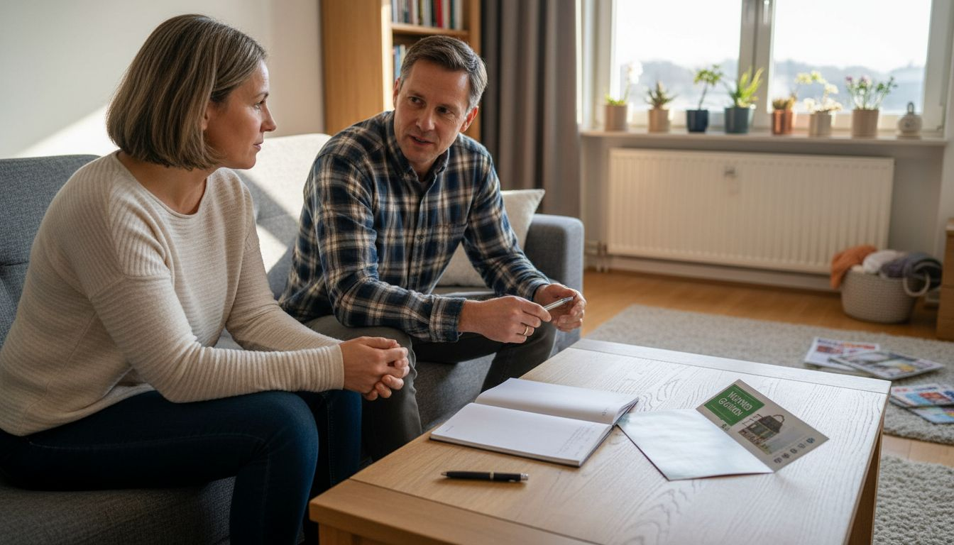 Im Wohnzimmer tauscht sich die Wohnungseigentümerin mit dem Verwalter aus.