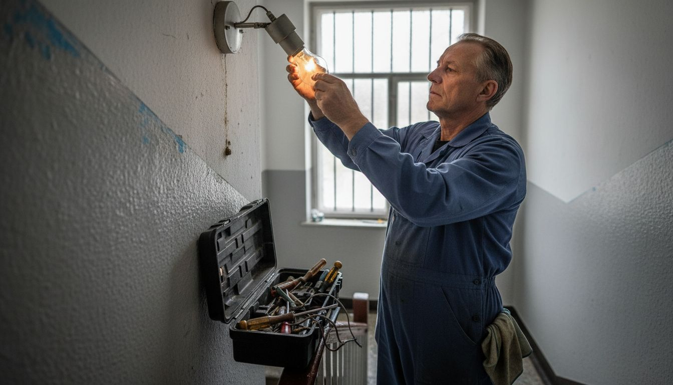 Der Hausmeister kümmert sich um die defekte Lampe im Treppenhaus.