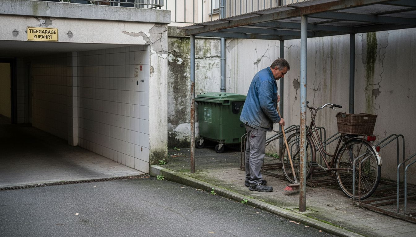 Der Hausmeister sorgt im Innenhof für Sauberkeit und kehrt die gemeinschaftlichen Flächen.