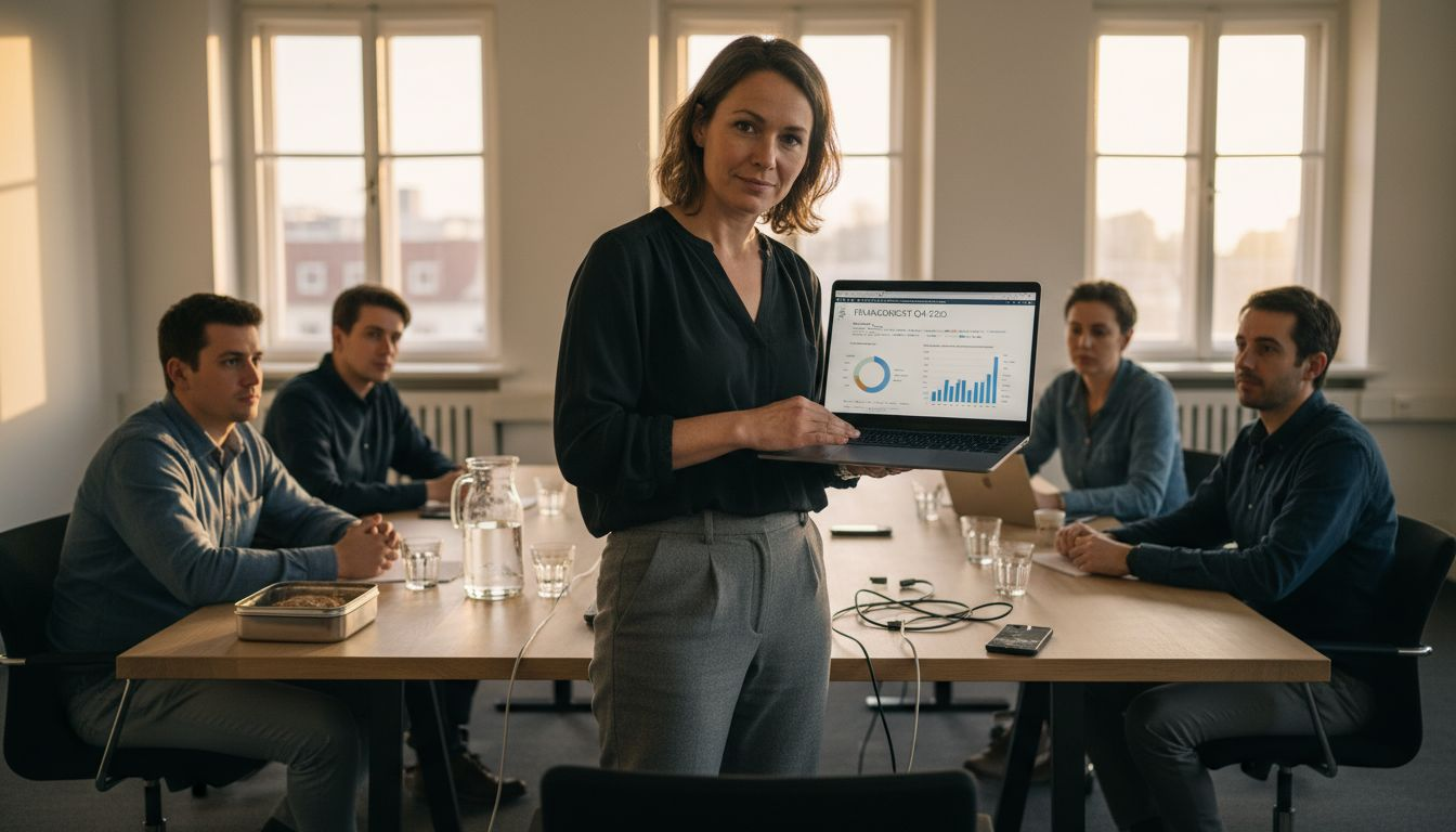 Das Team bespricht gemeinsam am Laptop den aktuellen digitalen Finanzbericht.