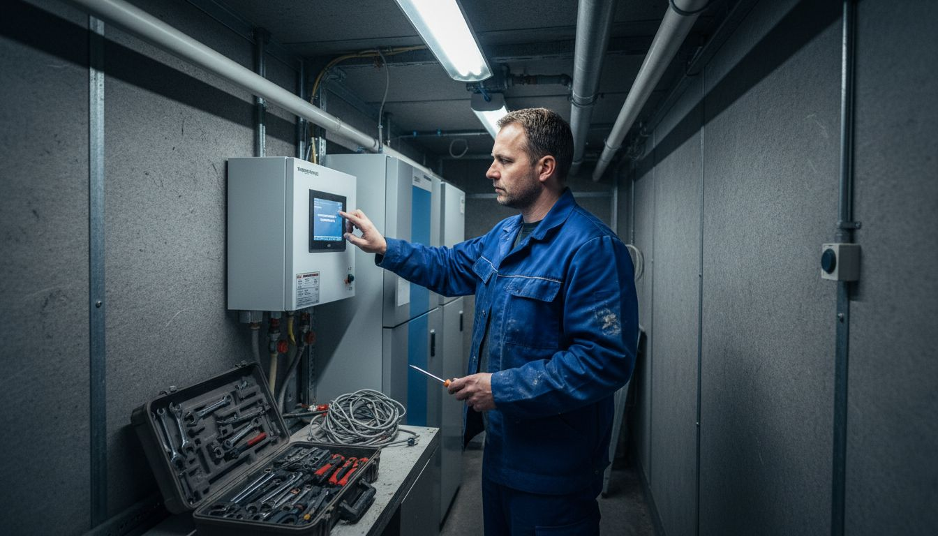 Ein Haustechniker führt im Keller eine Kontrolle der Heizungsanlage durch.