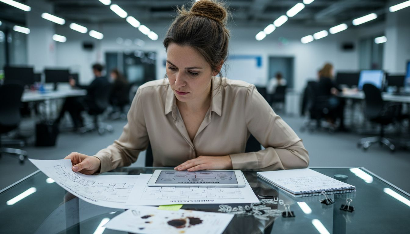 Eine Mitarbeiterin überprüft am Tisch verschiedene Prozessabläufe rund um Immobilien.