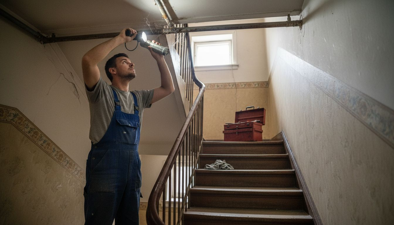 Ein Handwerker überprüft die Leitungen im Treppenhaus.
