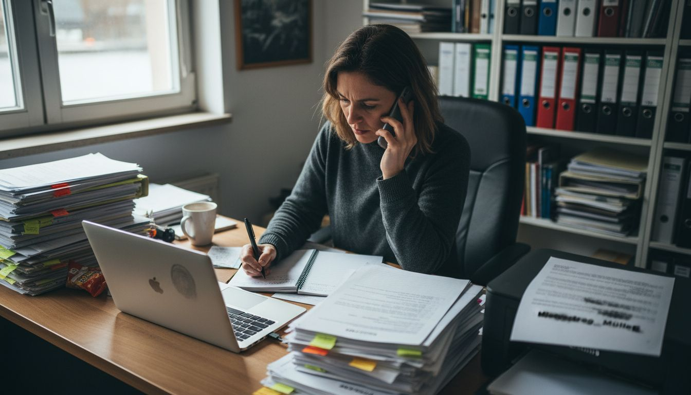 Eine Sachbearbeiterin sortiert Unterlagen an ihrem Schreibtisch.