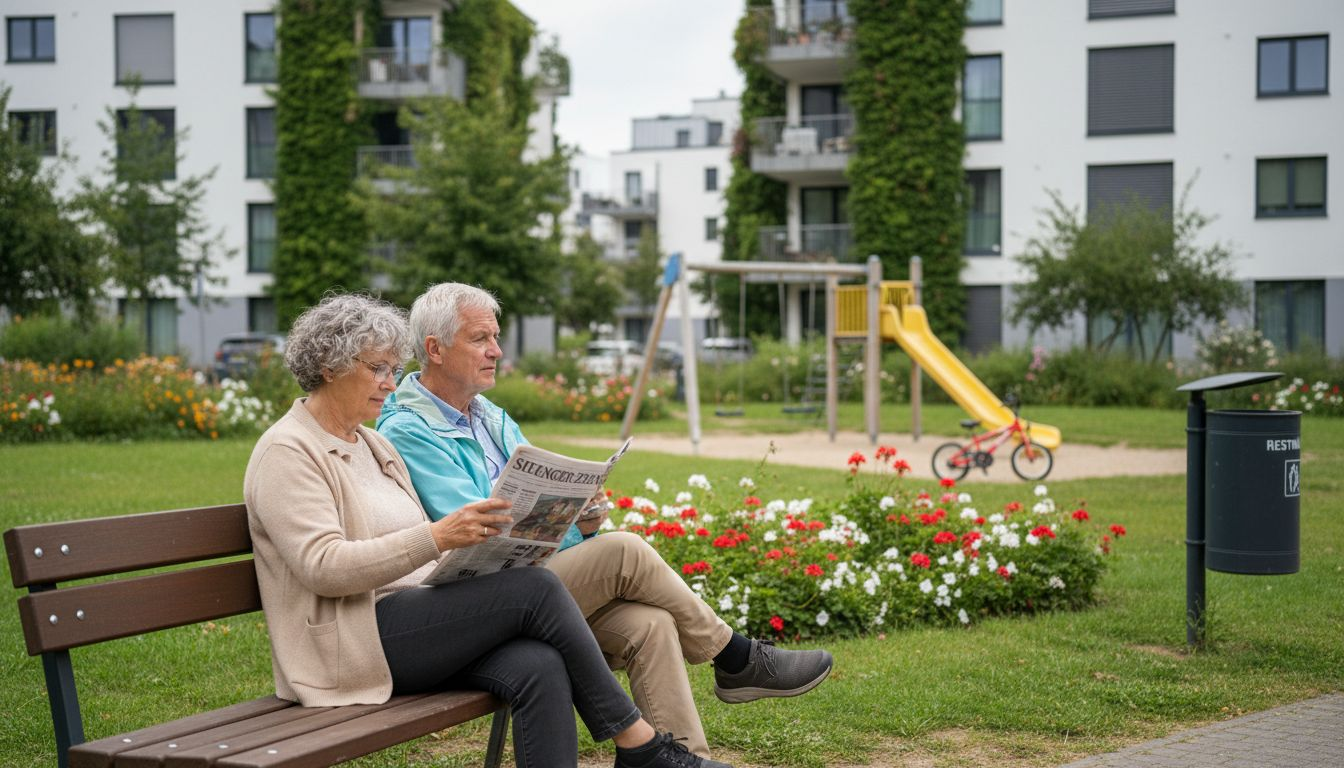 Vor einer modernen, umweltfreundlichen Wohnanlage in Siegen genießen die Bewohner das schöne Wetter auf der Terrasse.