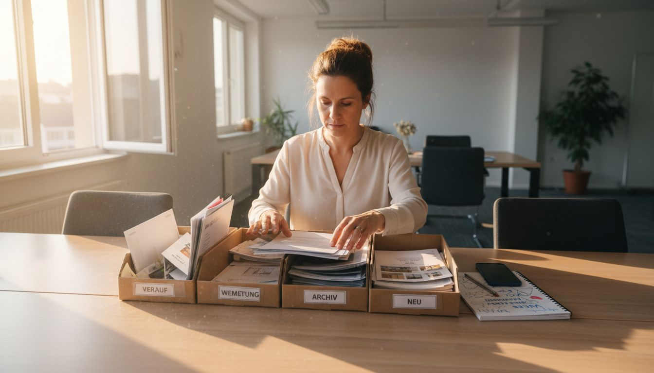 Eine Frau ordnet Unterlagen zu Immobilien an einem Besprechungstisch.
