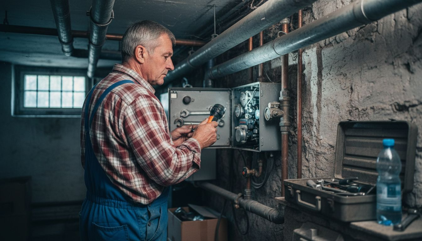 Ein Installateur kontrolliert die Heizungsanlage im Keller.