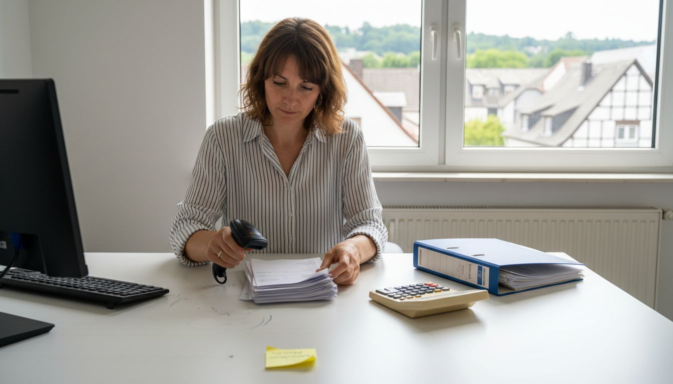 Die Hausverwalterin digitalisiert und ordnet die eingehenden Belege übersichtlich.