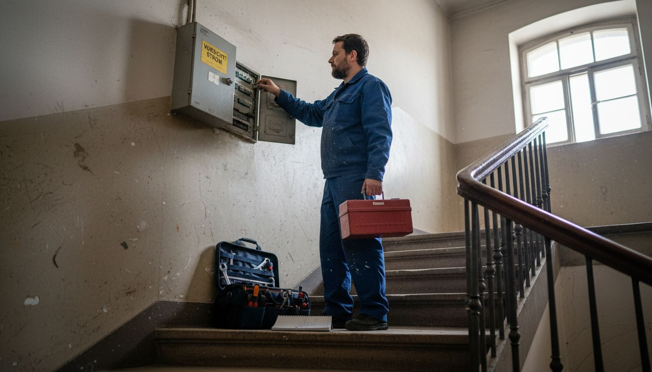 Der Hausmeister überprüft den Sicherungskasten im Treppenhaus eines Altbaus.