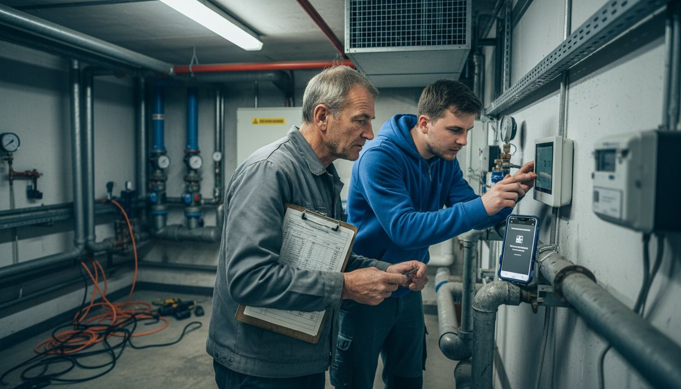 Techniker nehmen im Hauswirtschaftsraum Einstellungen am modernen Thermostat vor.