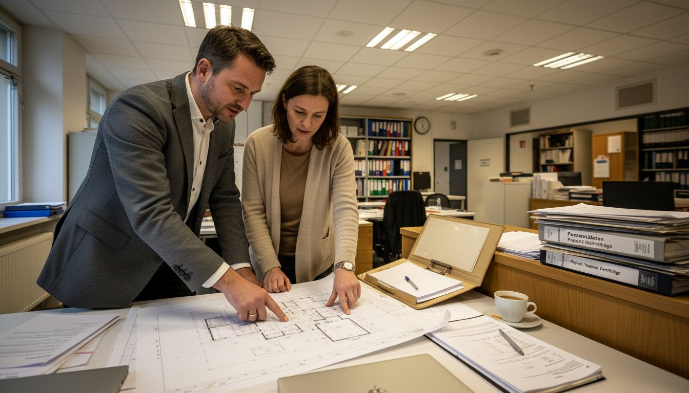 Mitarbeiter aus der Verwaltung werfen einen Blick auf die Grundrisse der Immobilien.