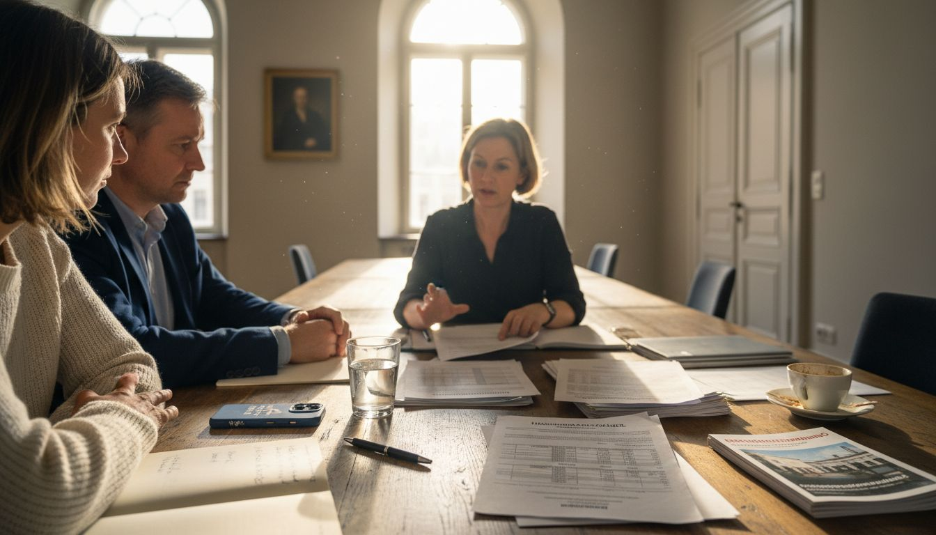 Wohnungseigentümer tauschen sich gemeinsam über die Verwaltung ihrer Immobilie aus.