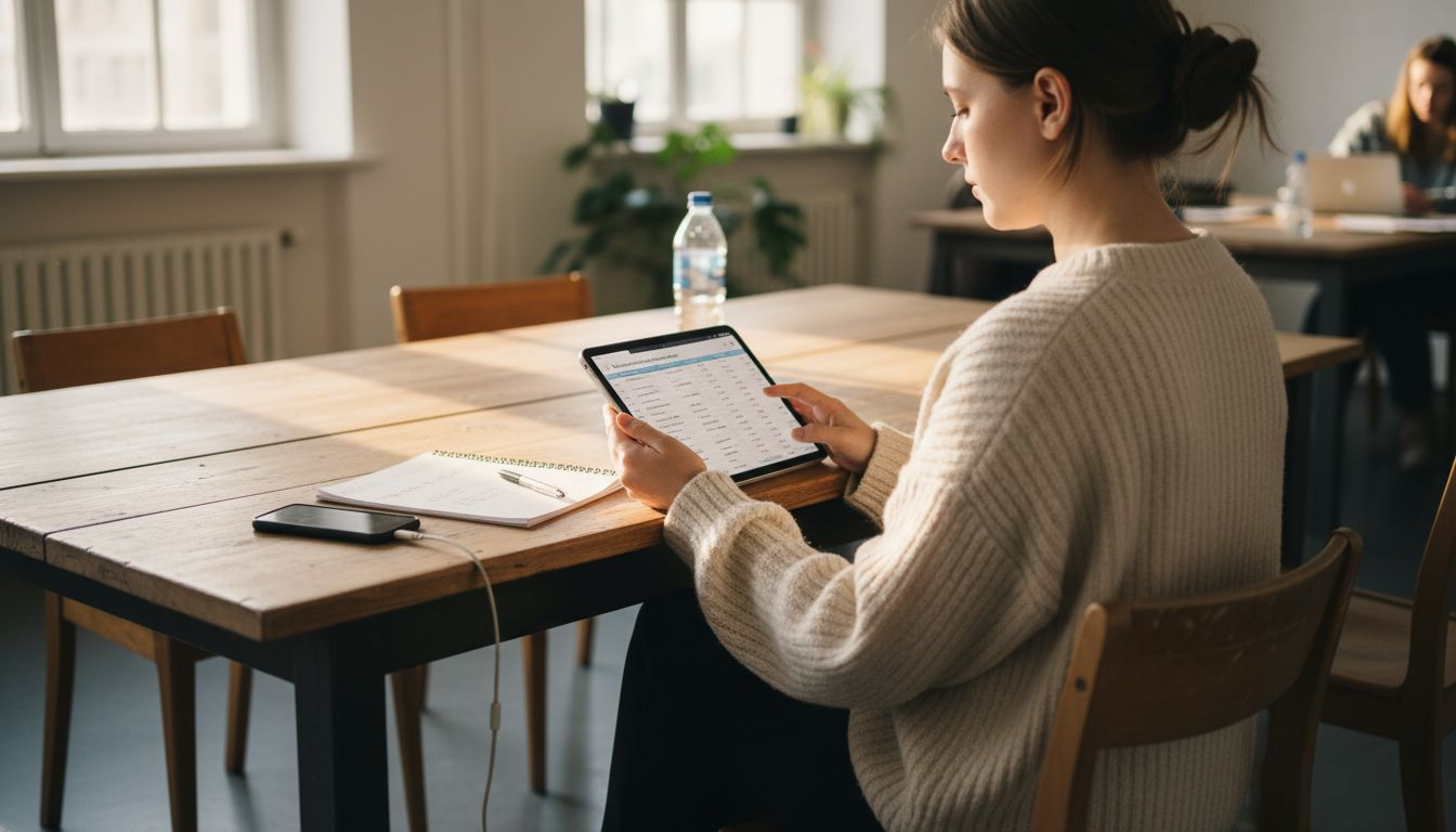 Eine Mitarbeiterin erledigt Verwaltungsaufgaben am Tablet.