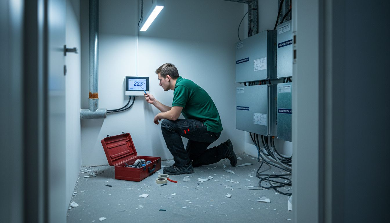 Ein Techniker überprüft die Anlagen eines nachhaltigen Gebäudes.