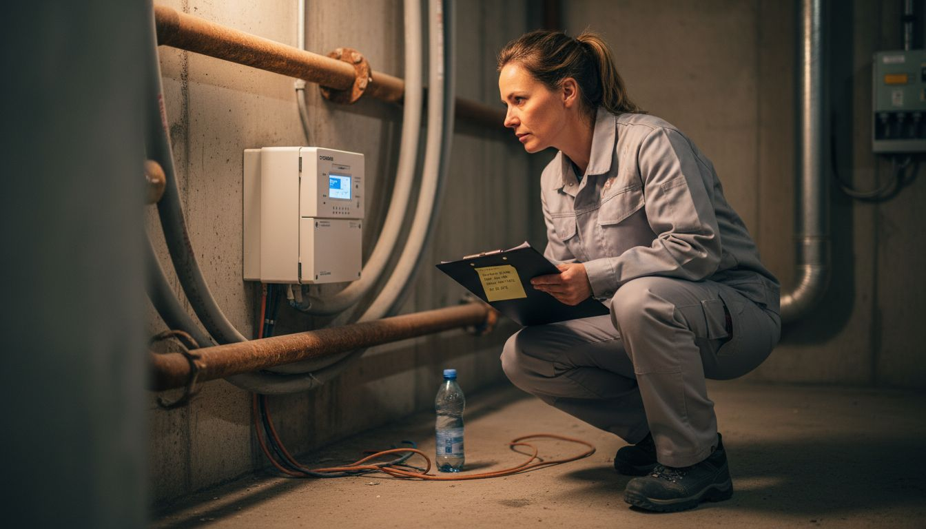 Eine Gebäudetechnikerin nimmt vor Ort die Energieeffizienz eines Gebäudes genau unter die Lupe.