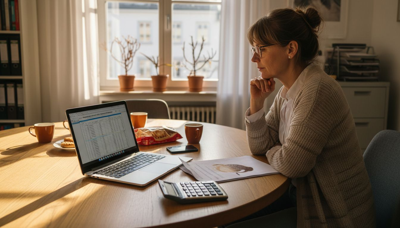 Eine Mitarbeiterin überprüft die Unterlagen für den aktuellen Wirtschaftsplan.