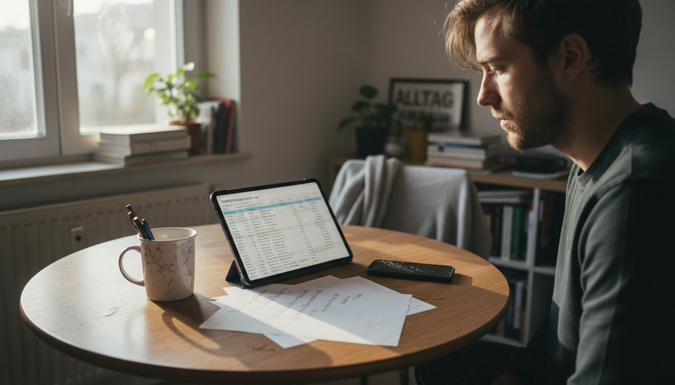 Im Wohnzimmer aktualisiert jemand die digitale Inventarliste seiner Wohnung.