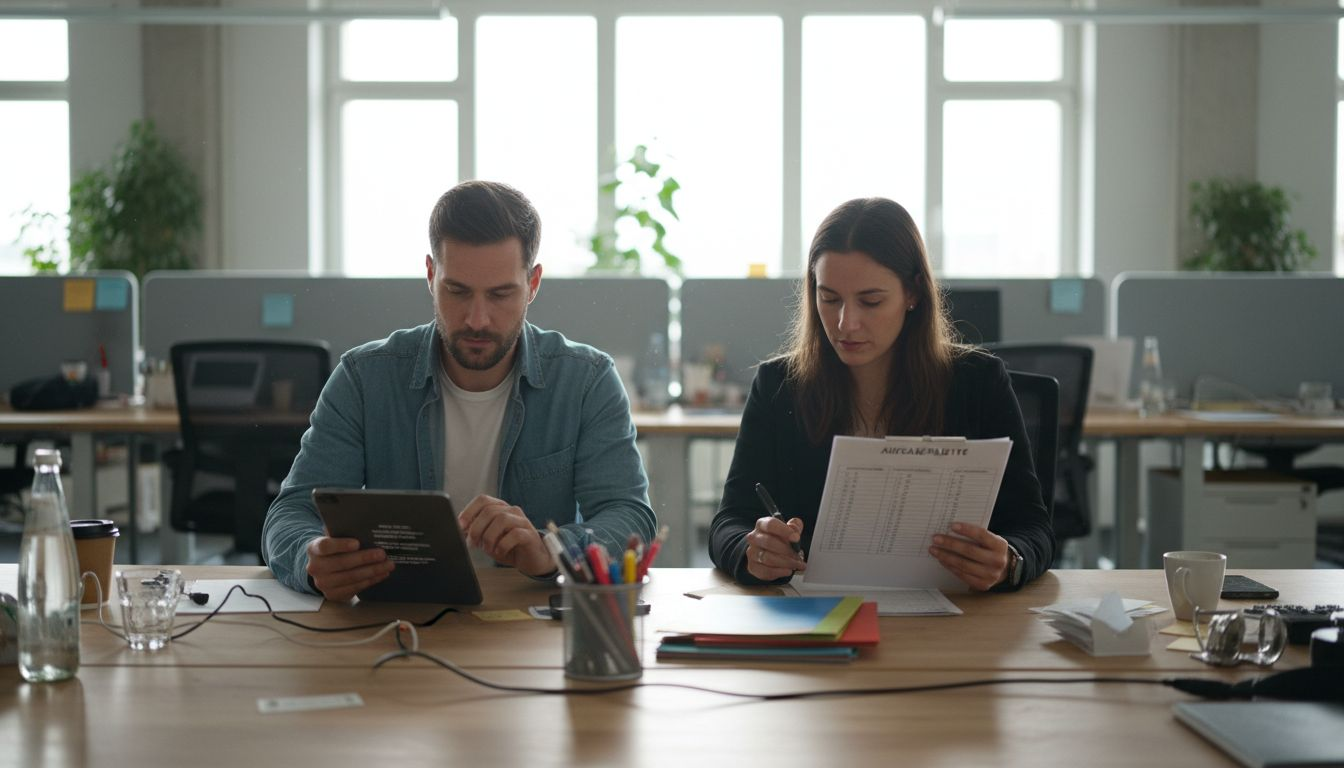 Zwei Mitarbeiter erarbeiten gemeinsam einen Verwaltungsplan.