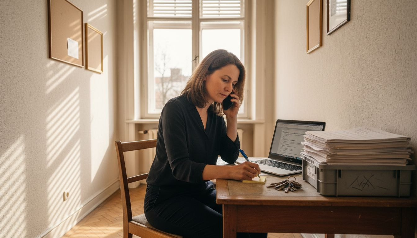 Die Hausverwalterin sitzt an ihrem Schreibtisch und führt Telefonate mit den Mietern.