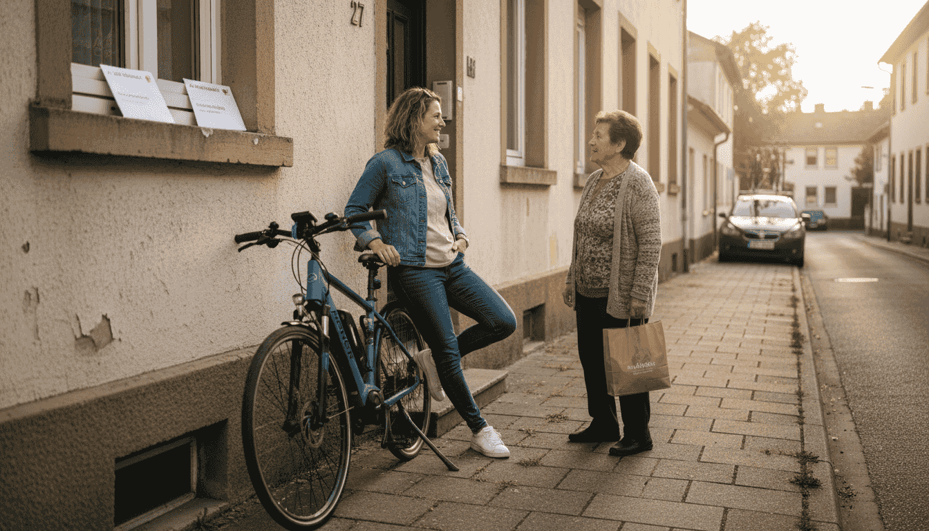 Der Hausverwalter unterhält sich mit einem Mieter am Eingang des Gebäudes.