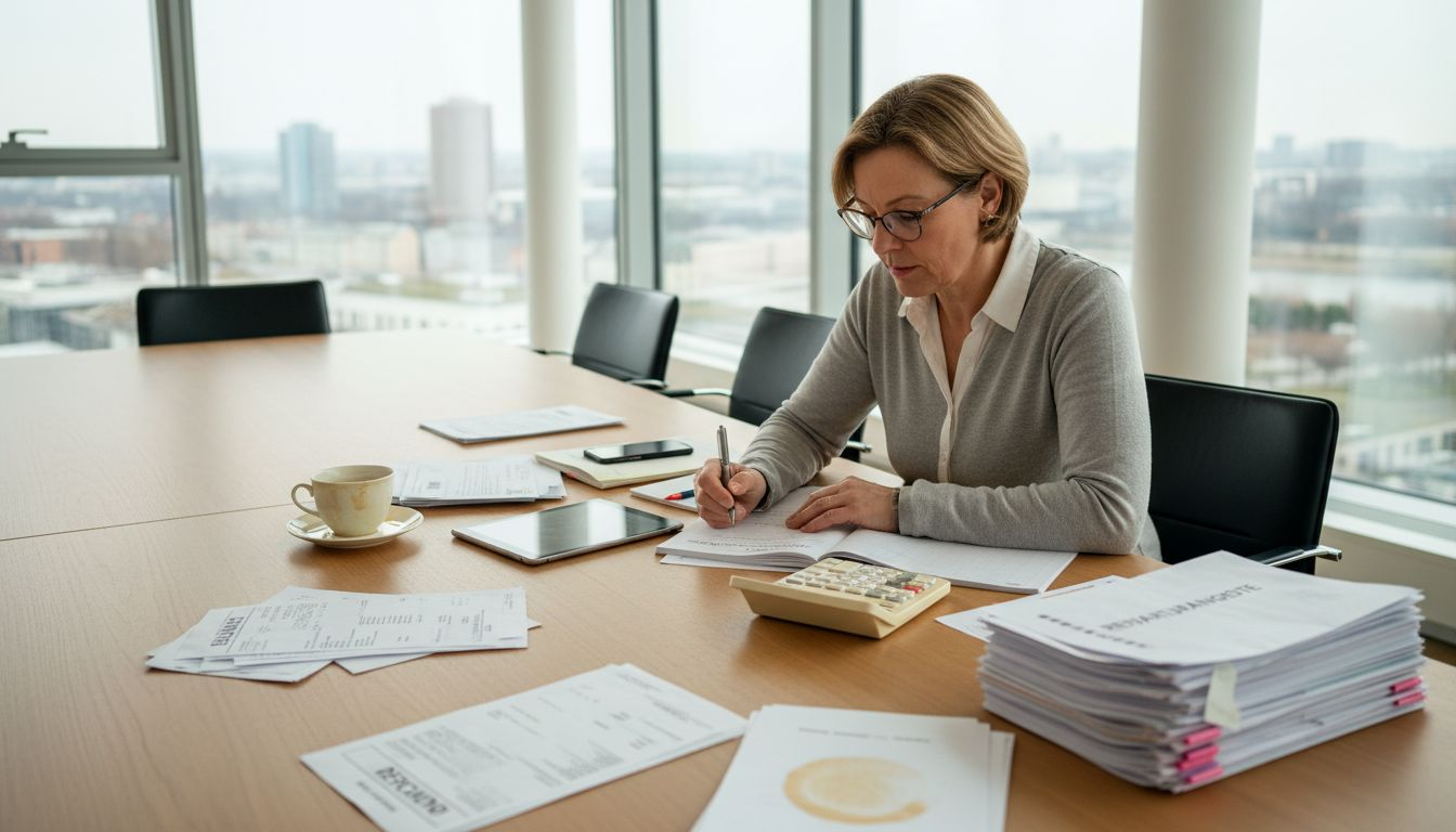 Eine Hausverwalterin erstellt am Schreibtisch den Reparaturkostenplan für ihre Immobilien.