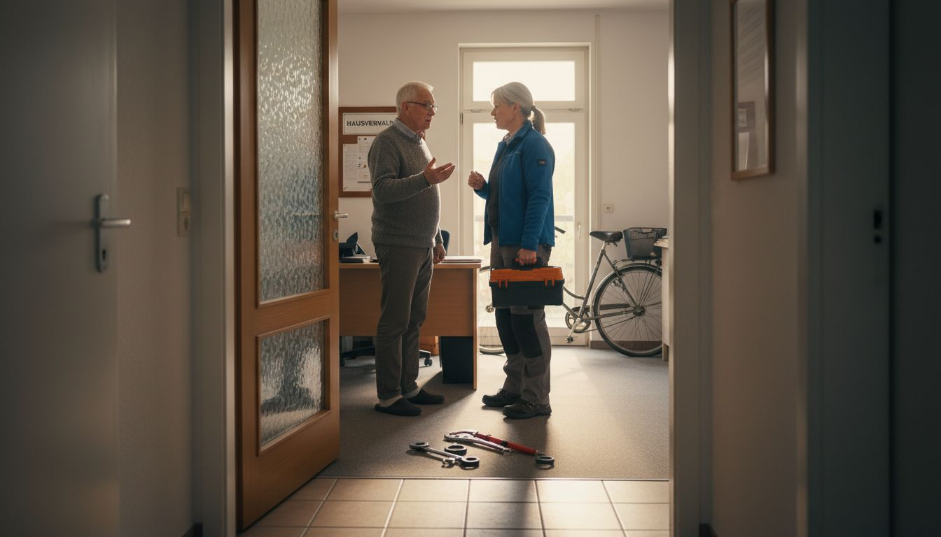 Im Hausflur unterhält sich die Hausverwalterin mit einem Mieter.