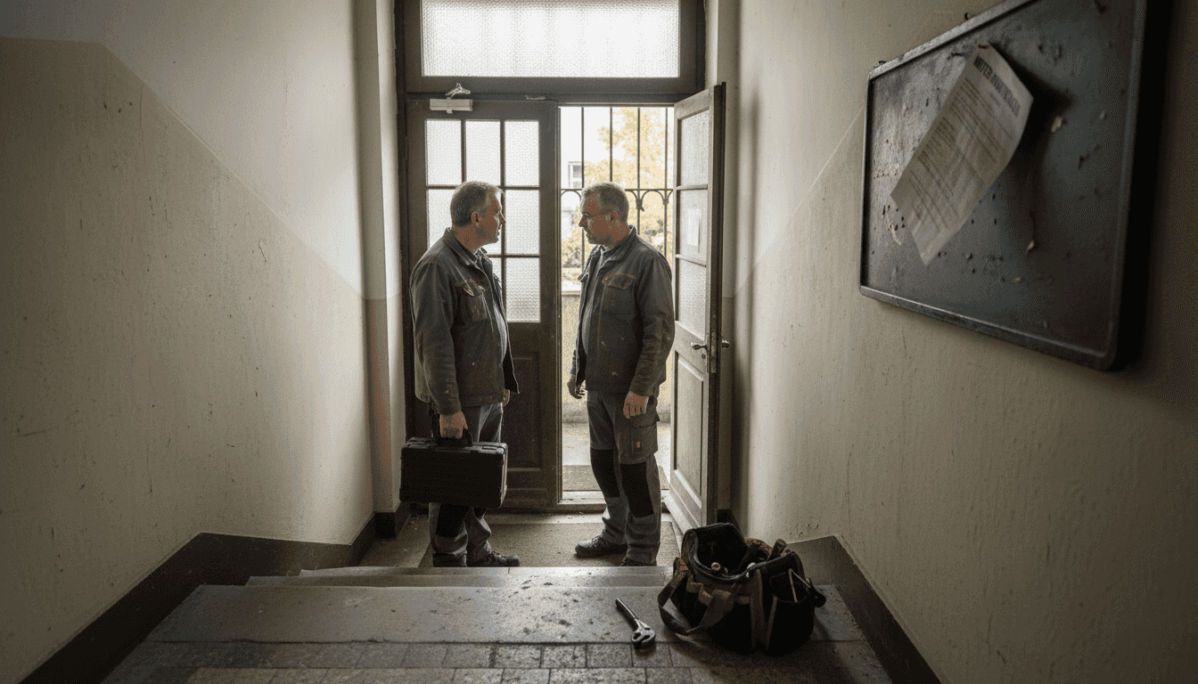 Im Hausflur erklärt der Handwerker die anstehenden Reparaturarbeiten.