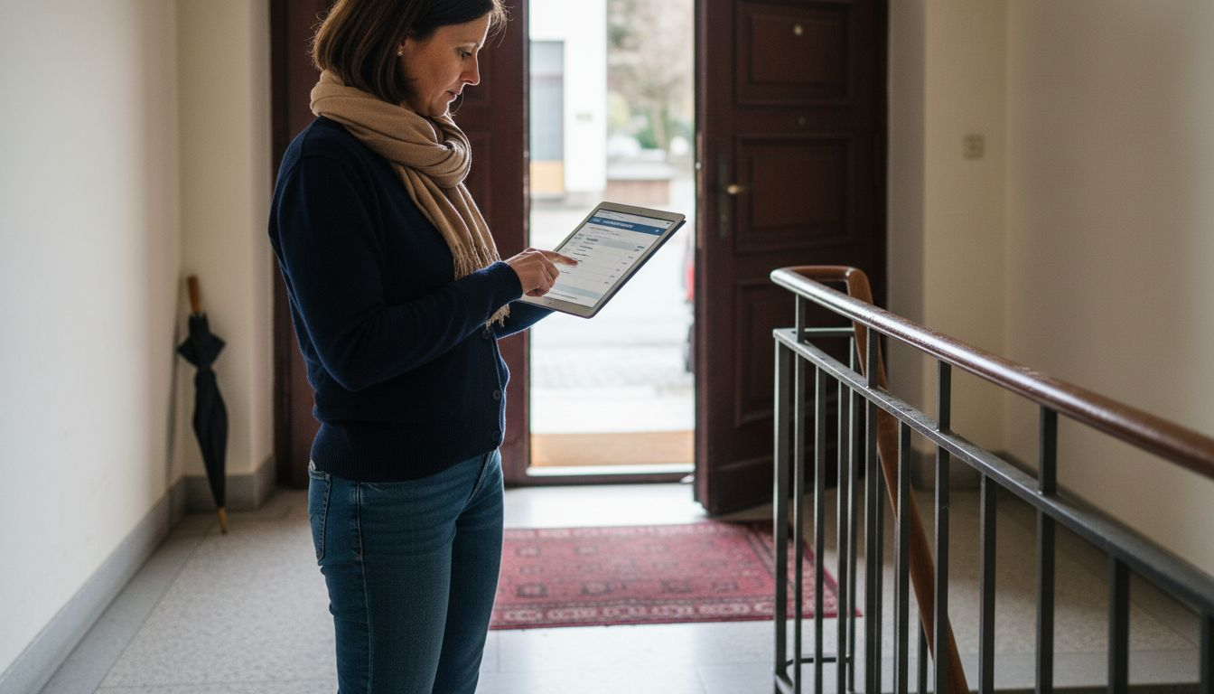 Die Hausverwaltung nimmt im Flur den Zustand der Immobilie auf.