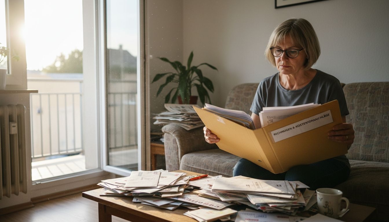 Der Hauseigentümer prüft seine Rechnungen ganz entspannt im Wohnzimmer.