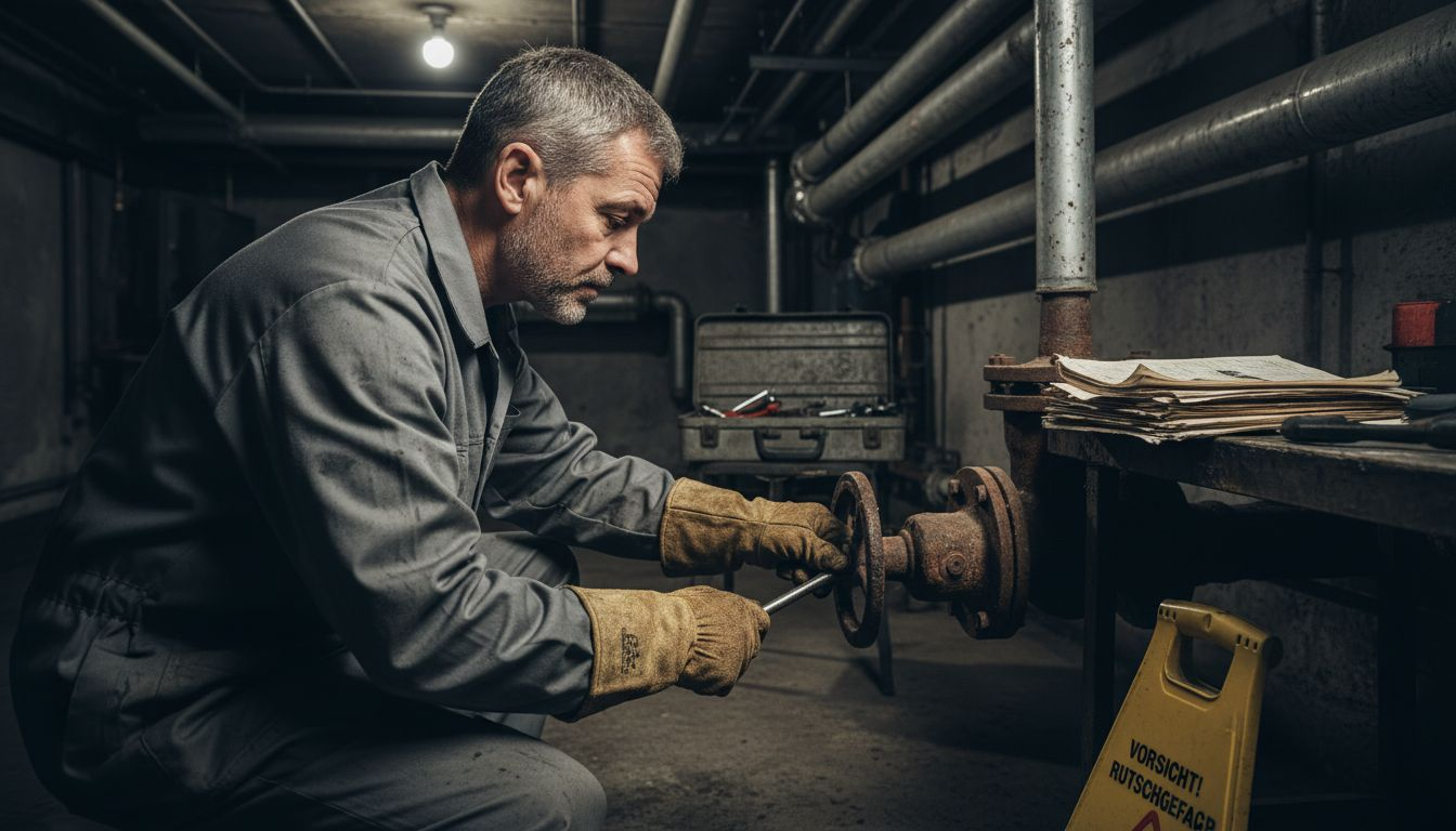 Ein Fachmann überprüft die Heizung im Keller.
