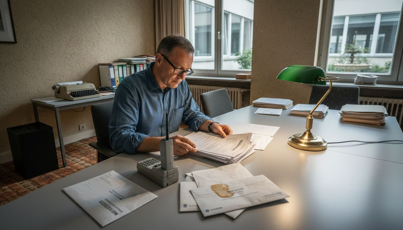 Der Hausverwalter nimmt am vollbesetzten Tisch die Mietverträge genau unter die Lupe.