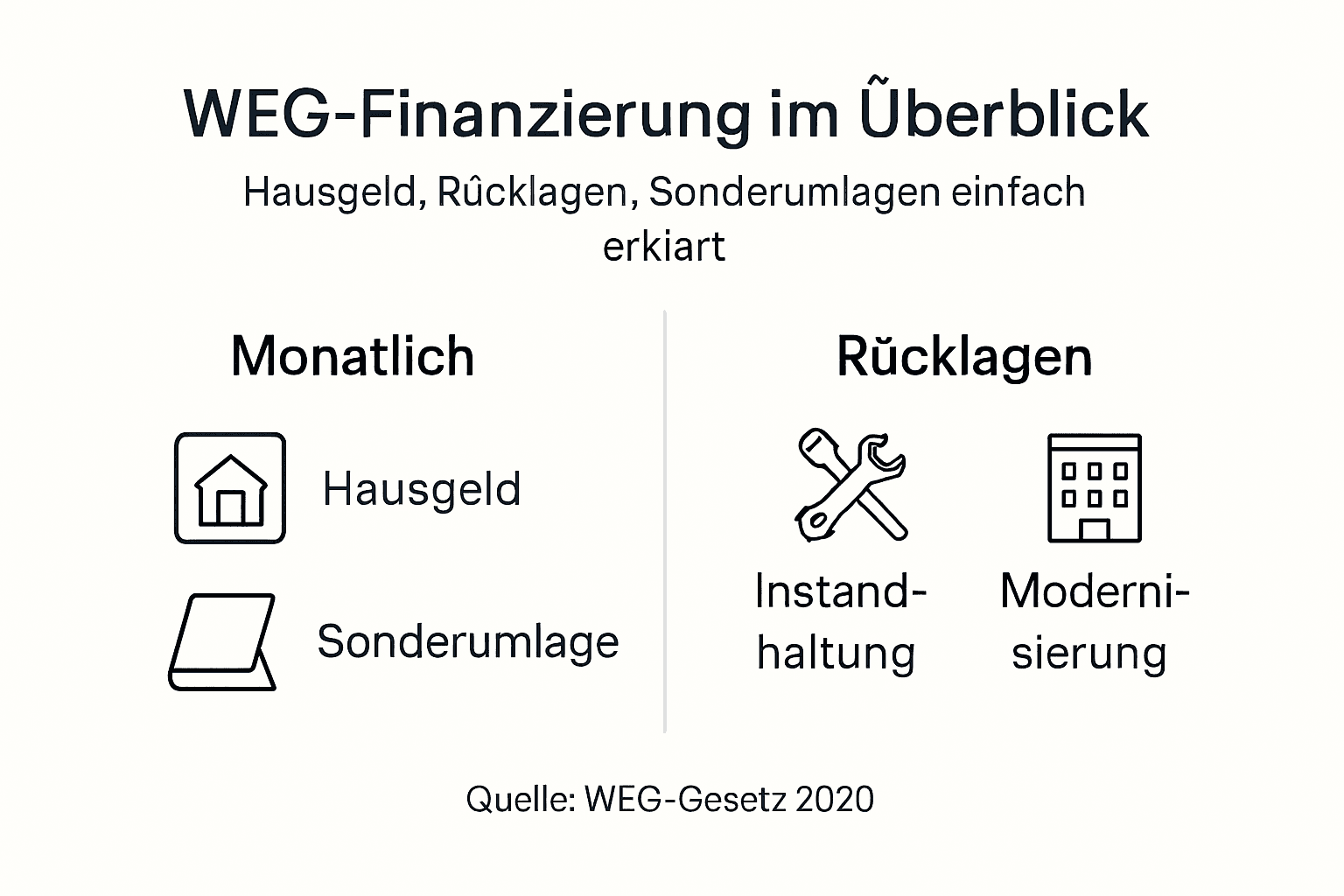 Infografik: So funktioniert die Finanzierung einer WEG – Hausgeld und Rücklagen im Überblick