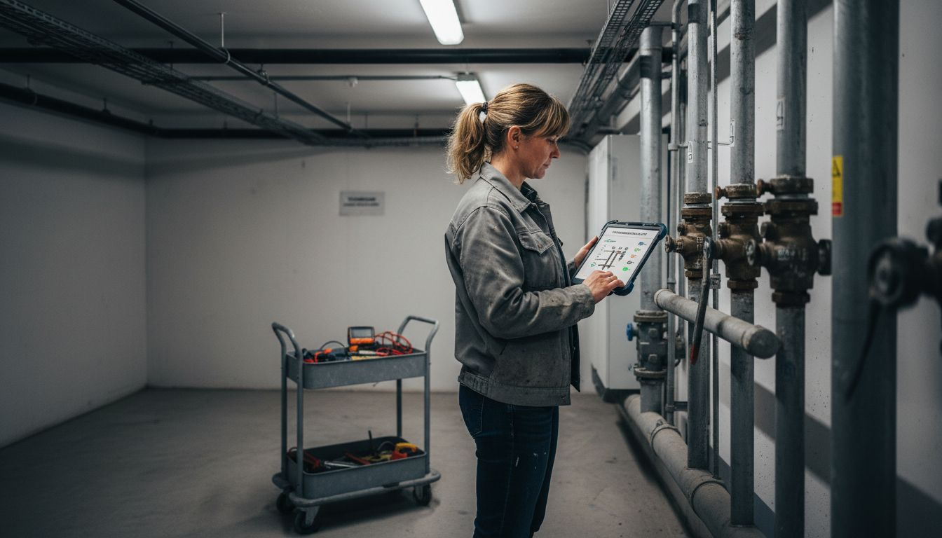Eine Facility-Managerin kontrolliert die Heizungsanlage im Keller auf ihre Funktionstüchtigkeit.