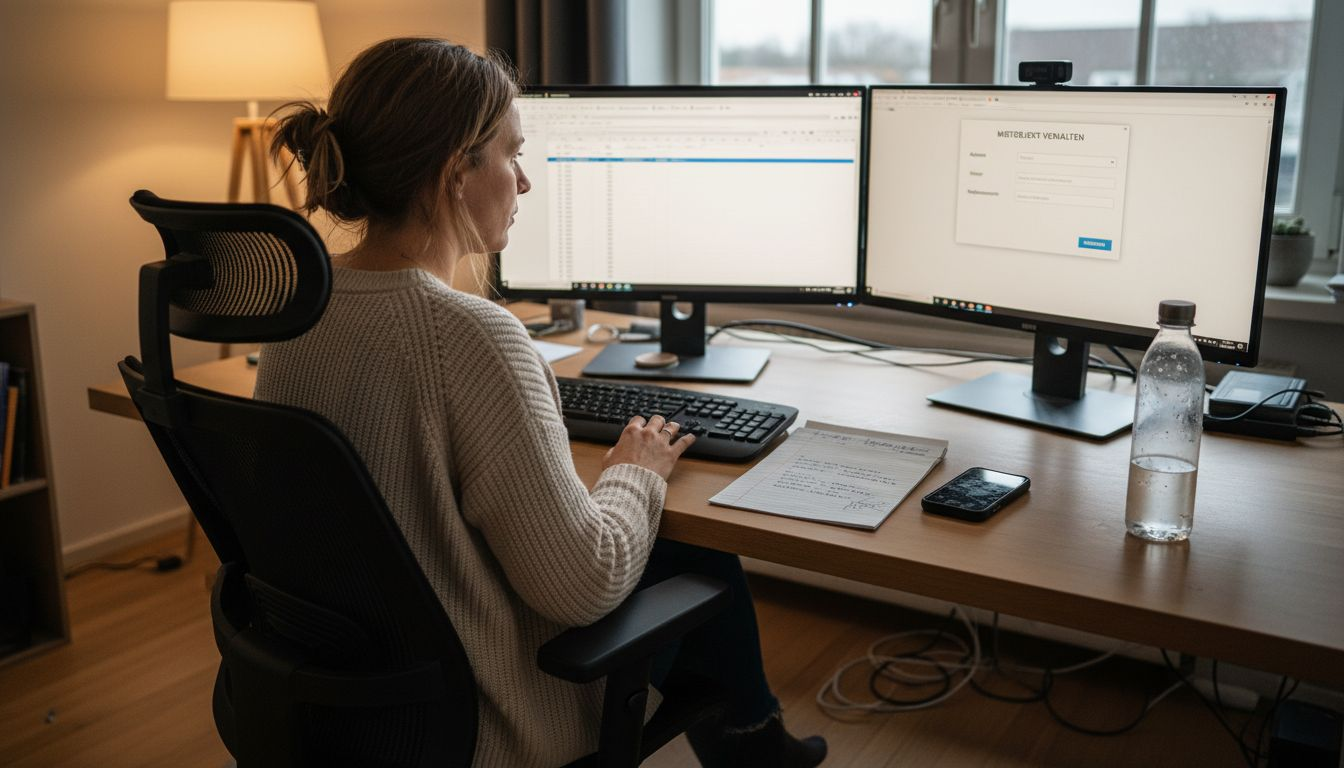 Eine Frau verwaltet ihre Mietangelegenheiten bequem von zu Hause aus mit einer digitalen Softwarelösung.